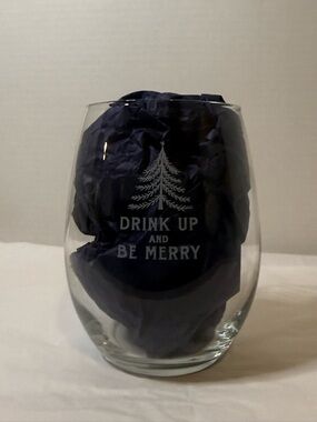 Stemless Wine Glass - "Drink Up and Be Merry" - Clear Glass